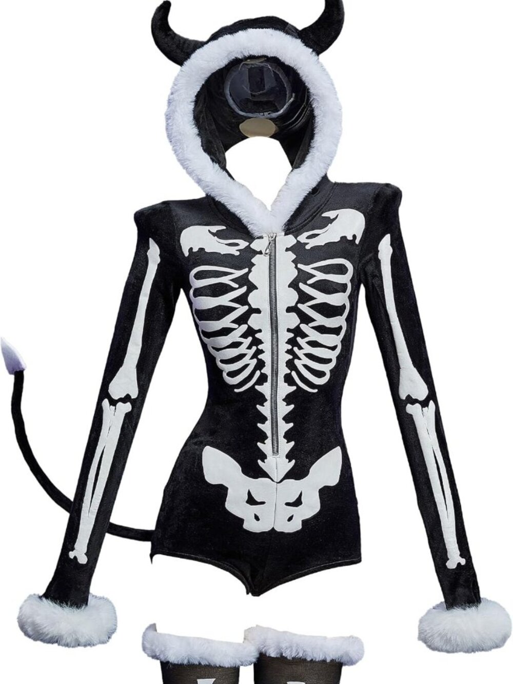 Gothic Hooded Bodysuit with Skull Pattern, Furry Tail & Socks - Halloween